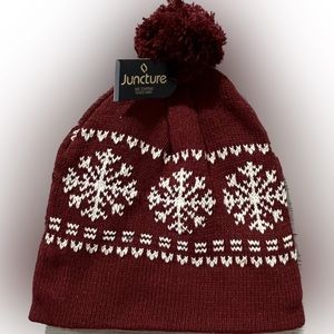 Juncture Winter Hat with Pom Pom Maroon with White Snowflakes